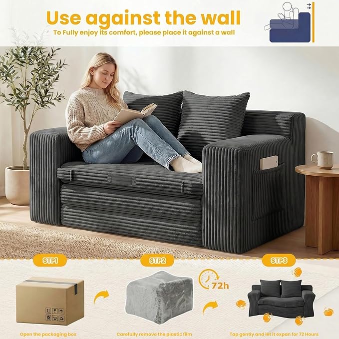 Boneless Loveseat Sleeper Sofa Bed: 3-in-1 Convertible Sofa Bed with Side Pockets &amp HandlePull Out Couch with 2 PillowsFolding Futon for Small SpaceLiving Room &amp BedroomCorduroy FabricNo