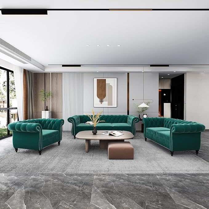 Chesterfield Loveseat Sofa Modern Velvet Small Sofa Couch 2 Seater with Rolled Arms and Nailhead Mid Century Modern Loveseat Couch for Small Spaces Living Room Bedroom Apartment Green