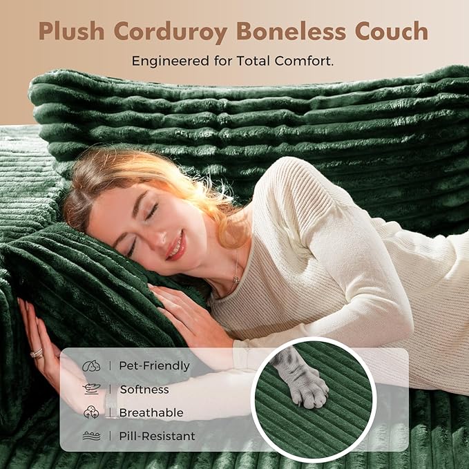 ELUCHANG Oversized 108” Boneless Couch Comfy Cloud Modular Sectional Sofa L-Shape Sofa with Chaise Memory Foam Upholstered Couch for Living Room Bedroom No Assembly Required Corduroy Green