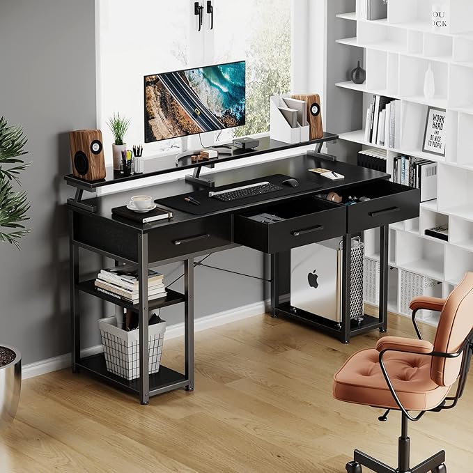 ODK Computer Desk with Drawers and Storage Shelves 48 inch Home Office Desk with Monitor Stand Modern Work Study Writing Table Desk for Small Spaces Black