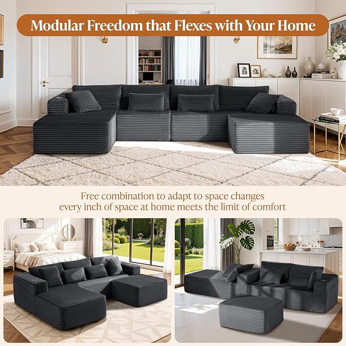 Cloud Modular Sectional Sofa Couch Boneless Couch Deep Seat for Living Room No Assembly Minimalist Modular Sofa Corduroy (Dark Grey 3 Seater+Right Facing Chaise+Ottoman)