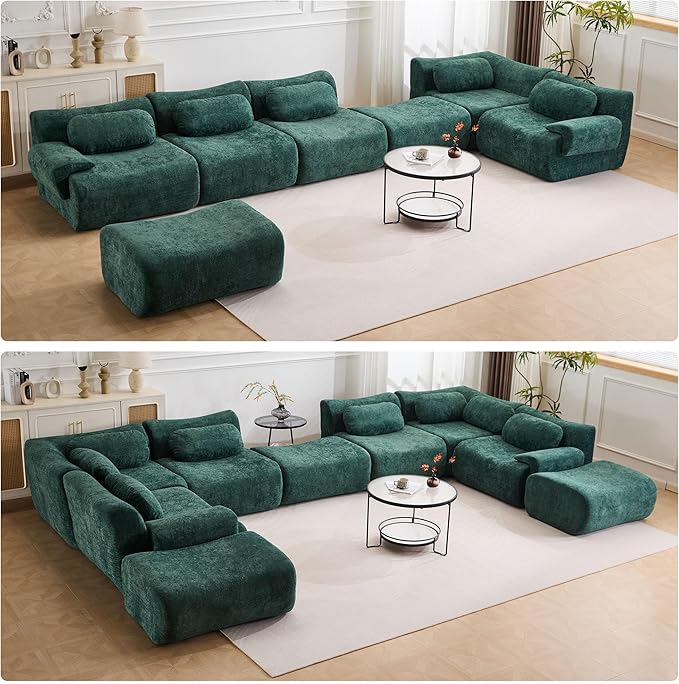 148.2 Boneless Couches for Living Room Set Cloud Modular Sectional Sofa in a Box Memory Foam Modern Couch Big Comfy Compressed Sofas L Shaped Couch with Corner Bedroom Apartment Dark Green