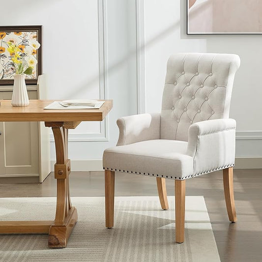 Fabric Dining Chair with Arms Upholstered Tufted High Back Dining Room Chairs Accent Armchair with Solid Wood Leg and Nailhead Trim Kitchen Dining Living Room Beige