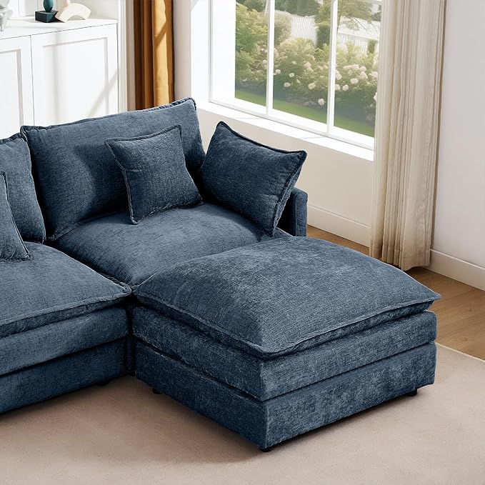 102 Modular Sectional Sofa with Movable Ottoman Convertible L Shaped Chenille Cloud Couch Comfy 3-Seater Deep Seat Sofa Couches for Living Room Bedroom and Apartment (Blue 102)