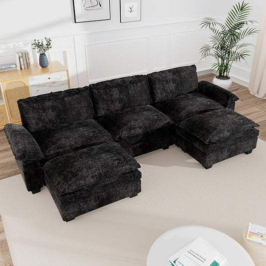 mestyl Modular Sectional Sofa Comfy Cloud Couch U Shaped 3 Deep Seat Sofa Couch with 2 Ottoman 120 Soft Modern Couches Set for Living Room Chenille Black MT001