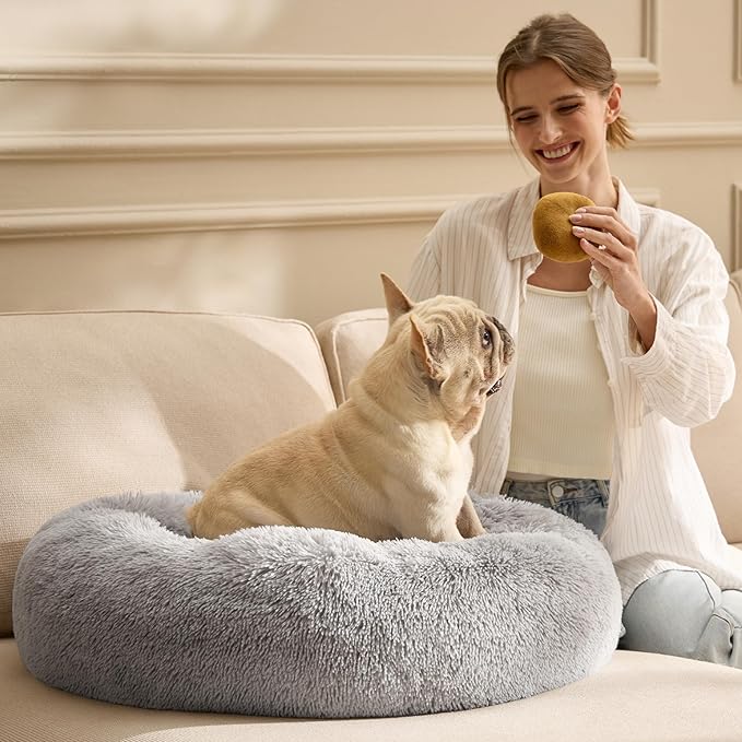 Bedsure Calming Dog Bed for Medium Dogs - Donut Washable Medium Pet Bed 30 inches Anti-Slip Round Fluffy Plush Faux Fur Cat Bed Fits up to 45 lbs Pets Pale Grey