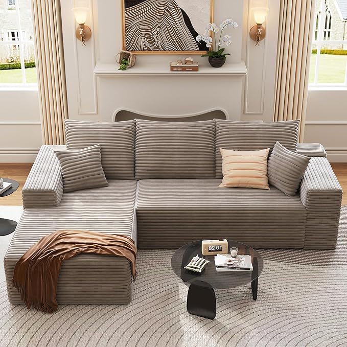 95 Cloud Sectional Couch with L-Shape Chaise Modern Corduroy Boneless Deep Seat Sofa 3-Seater Modular Sleeper Couch for Living Room Bedroom Apartment No Assembly (Camel Left-Facing Chaise)