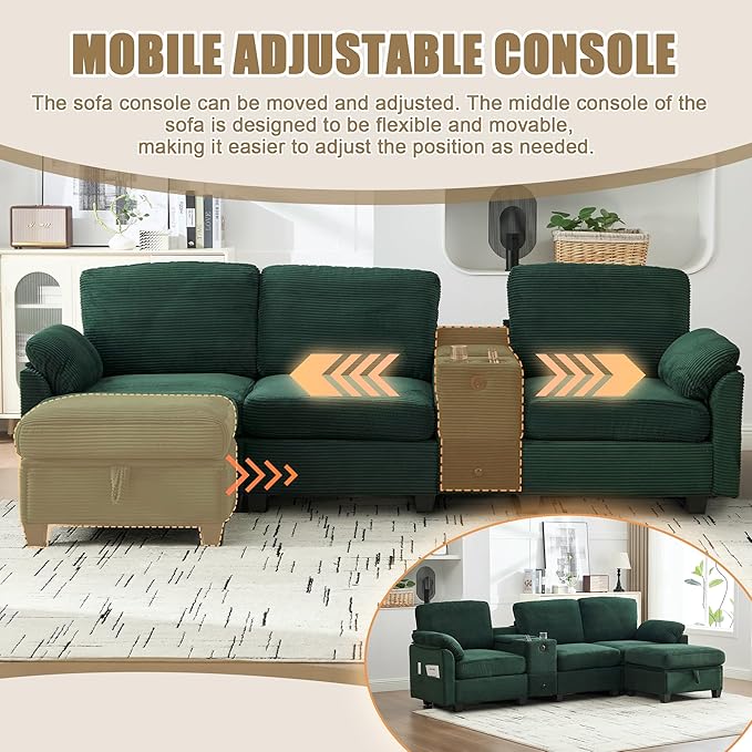 KEIKI 105 L-Shaped Oversized Corduroy Modular Sectional Sofa with 1 Ottoman and Multi Functional Console 4-Seater Upholstered Couch with USB and 2 Cup Holder Easy Assembly for Living Room Emerald
