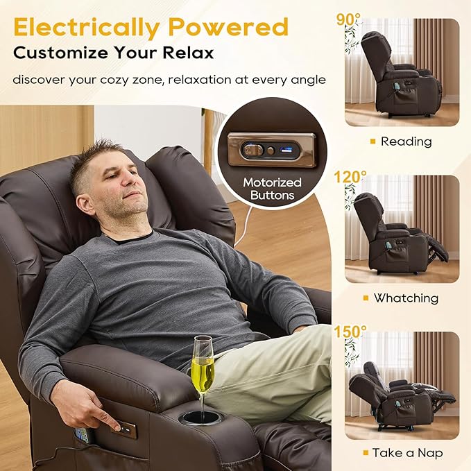 IPKIG Power Recliner Chair with Massage and Heat Electric Recliner for Living Room Home Theater Bedroom with LED Lights USB Charger Cup Holders Side Pockets &amp Lumbar Pillow (1 Brown)