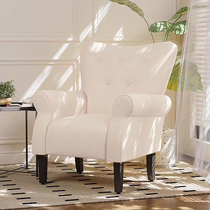 MELLCOM Mid Century Wingback Arm ChairModern Upholstered Fabric High Back Accent Chair with Wood LegsUpholstered Single Sofa Club Chair for Living Room Bedroom Home Office Beige