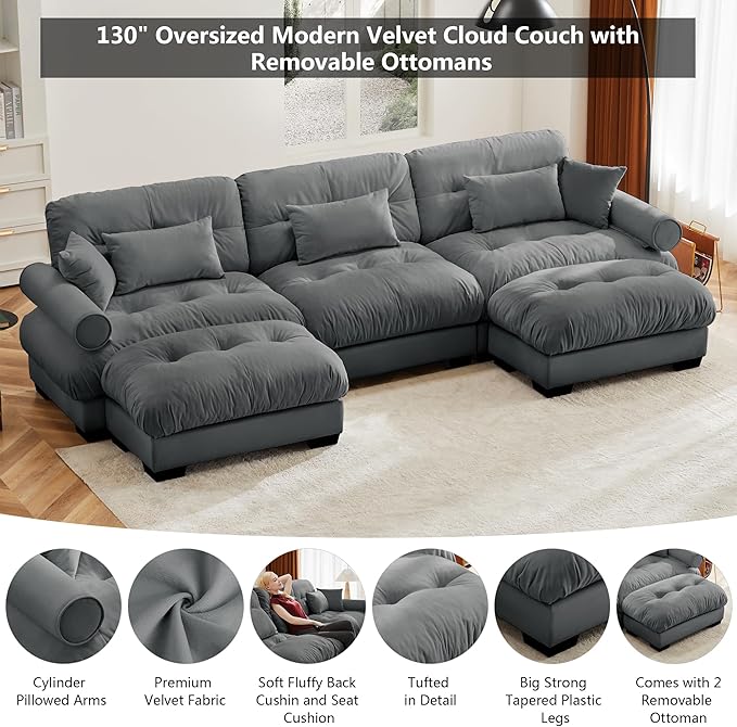 Aoowow Modern Velvet Cloud Sofas Deep Seat for Living Room130 Luxury Oversized U-Shaped Cloud Couch with OttomansTufted Extra Large 3 Seater Sleeper Sofa