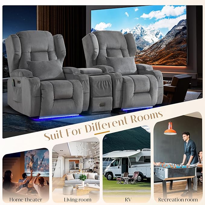 Wall Hugger Power Recliner Chair with Massage &amp Heat Electric Home Theater Reclining Chair with Cup Holder USB Port LED Light Linen Living Room Chair (Grey Single)