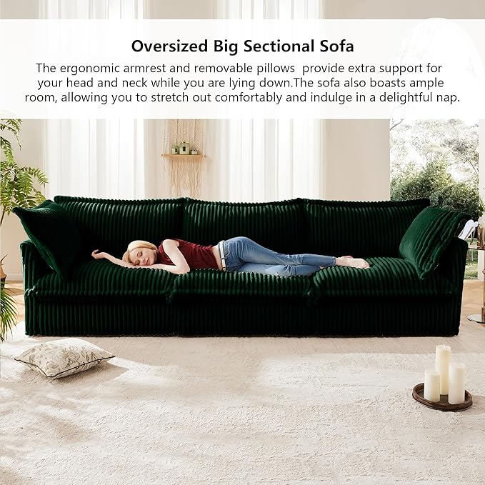 Aoowow Oversized Modular Sectional Sofa 120” Corduroy Comfy 3-Seat Sofa Couch Upholstered Deep Seat Couches with Big Toss Pillows for Living Room Apartment OfficeGreen-Corduroy