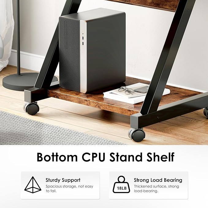 sogesfurniture Small Mobile Computer Desk with Keyboard Tray Z-Shaped Compact Study Table Rolling Workstation for Home and Office with Printer Shelf Keyboard Drawers Rustic Brown