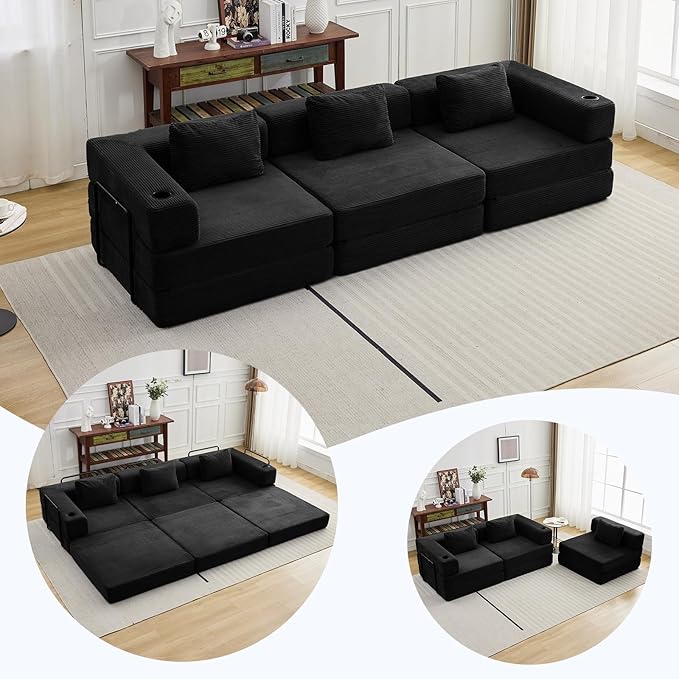 118 Oversized Sectional Couches Convertible Floor Sofa Bed with Cup Holder Boneless Foldable Mattress Cloud Couch with Pillow Back &amp Armrest for Living Room Bedroom Lounge(Corduroy Black)