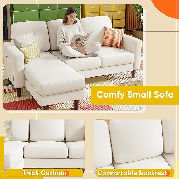 YESHOMY Couches for Living Room Sofa with Movable Ottoman Small Couch with Reversible Chaise and Side Pockets L Shaped Couch for Small Space Apartment (Linen Fabric Beige)