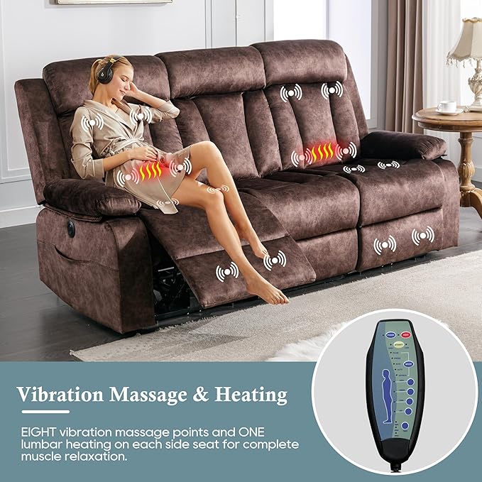 Power Reclining Sofa – 3 Seater Reclining Couch with Massage &amp Heat Drop-Down Table USB &amp Type-C Charging Ports Cup Holders Dutch VelvetPower Sofa for RVMedia Room &amp Living Room