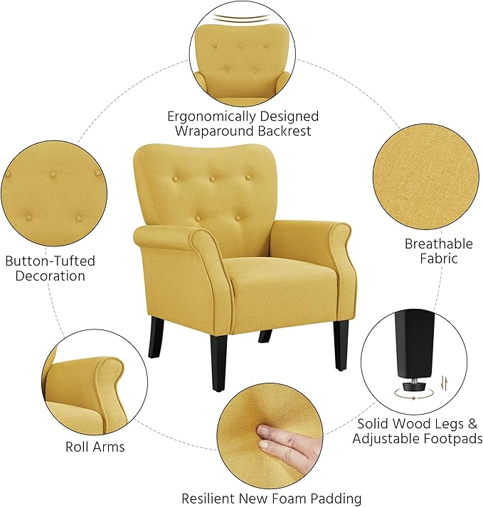Yaheetech Modern Armchair Mid Century Accent Sofa Chair with Sturdy Wood Legs and High Back Upholstered Fabric Sofa Club Chair for Living Room/Bedroom/Office Yellow