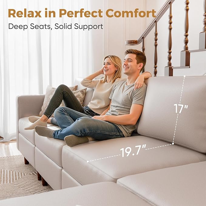ABCASA 118.5 Oversized Modular Sectional Sofa Faux Leather 6 Seater U Shaped Couch with Movable Ottoman and Storage Seat with Reversible Chaise Deep Seat for Living Room Whitesand