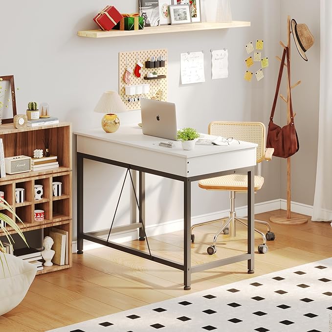 Mexin Small White Desk with 2 Wooden Drawers 40 Inch Home Office Writing Desk White Vanity Desk with Storage Computer Desk for Bedroom Small Spaces Table for Office Work Kids Study Makeup