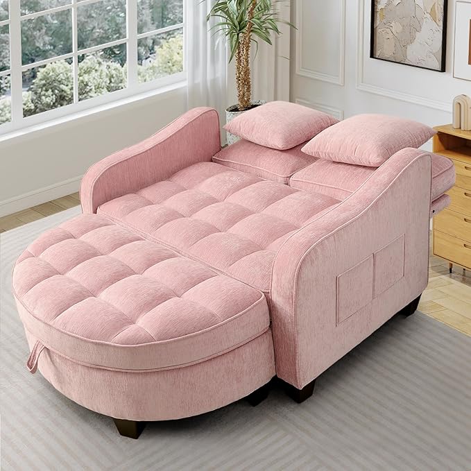 Oversized Chair and A Half Chenille Tufting Accent Cozy Reading Sofa Chair with Storage Ottoman Upholstered Loveseat Chaise Lounge Sofa with Adjustable Back for Living Room Office Sunroom Pink