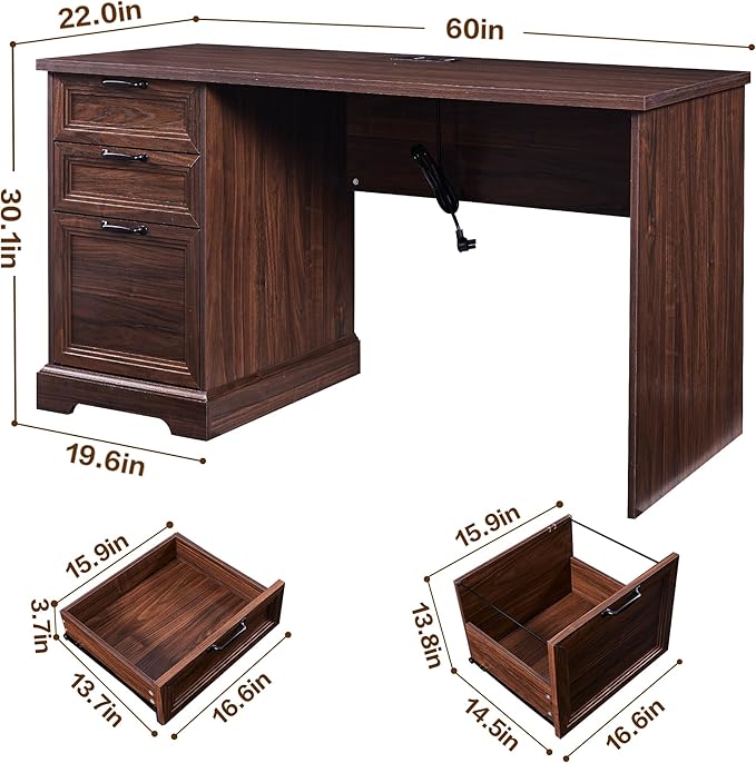 60 Farmhouse Executive Desk with Charging StationHome Office Desk with 2 Drawers &amp1 File CabinetFluted Computer Desk for Office and Home (Walnut)