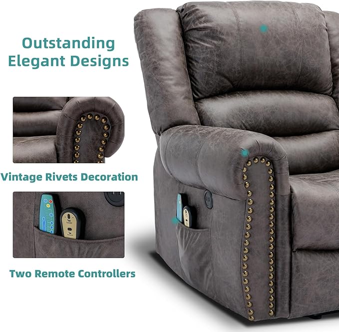 MEETWARM Large Power Lift Electric Recliner Chair with Massage and Heat Overstuffed Wide Recliner for Elderly Heavy Duty Recliner for Living Room with 2 Remote Controls/USB Ports/Side Pockets(Gray)