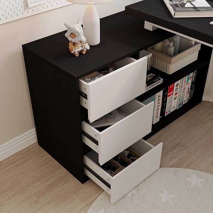 L Shaped Computer Desk 47 Inch Home Office Desk with File Drawers &amp Storage Shelves Small Corner Computer Desk for Small Space (Black + White)