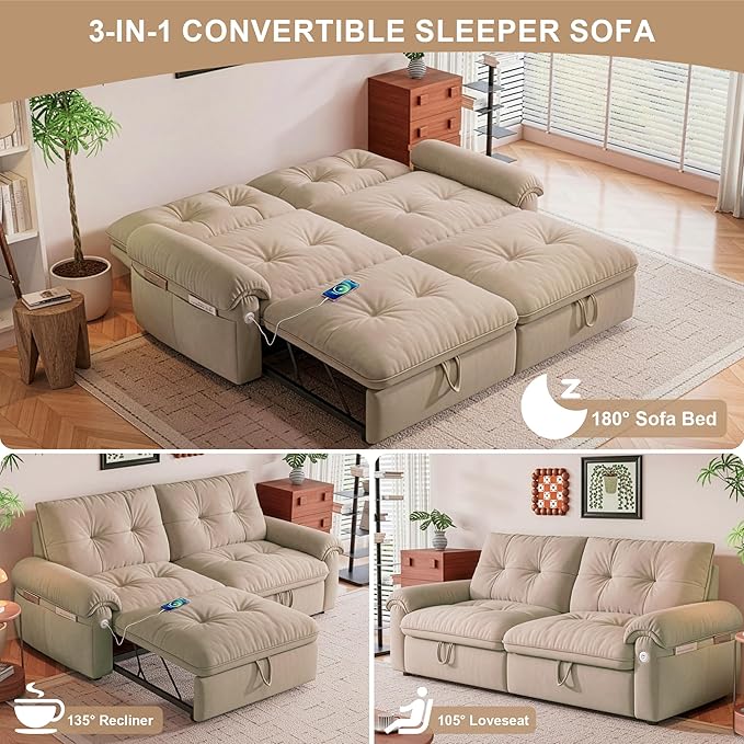 Sleeper Sofa Bed Queen Size Sofa Bed Convertible Pull Out Couch with Adjustable Backrest USB Port and Side Pockets Modern 2 Seater Small Couches for Living Room Space-Saving