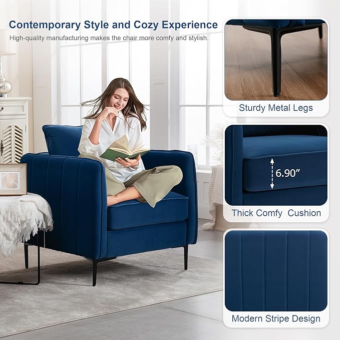 Blue Velvet Accent Chairs Set of 2 Modern Upholstered Accent Chair Comfy Velvet Armchair with Thick Cushion and Wood Frame Single Sofa/Side Chair for LivingRoom Bedroom Nursery Office
