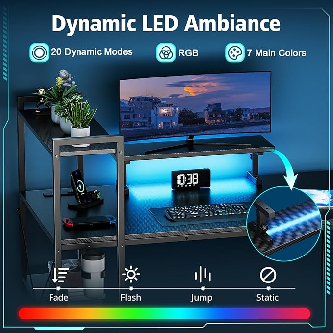 55 Inch Gaming Desk with LED Light Computer Desk with Reversible Storage Shelves and Power Outlets for Home Office Black