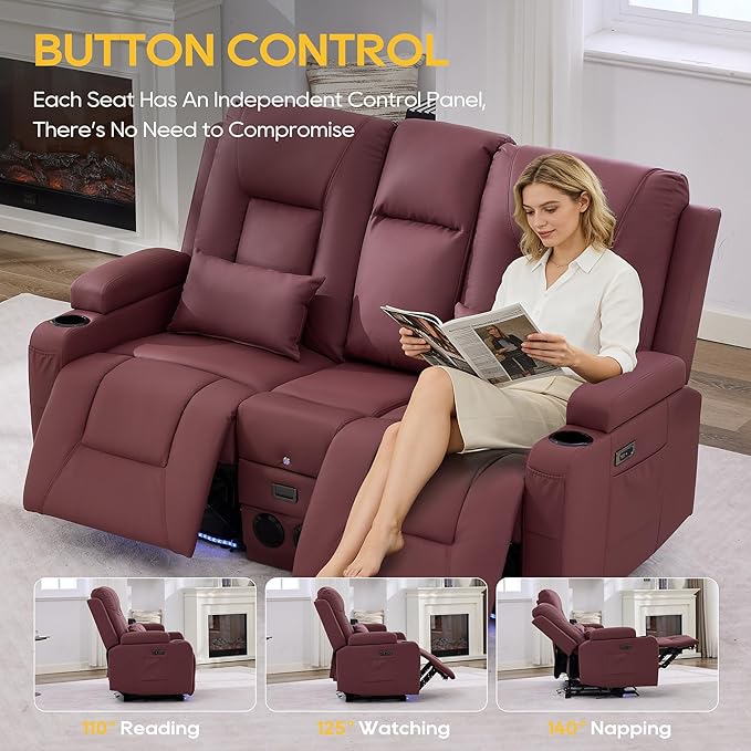 IPKIG Power Recliner Loveseat with Console Zero Wall Hugger Sofa Couch Faux Leather 2-Seater Sofa with LED Lights AC Outlets USB Ports Cup Holders Red | Storage Drawer Bluetooth Speaker Living