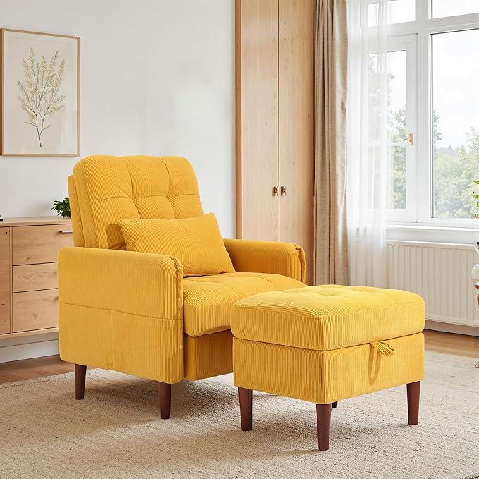 UIXE Accent Chairs with Storage Ottoman Corduroy Recliner Upholstered Armchair with Adjustable Backrest for Living Room Modern Sofa Bed Comfy Bedroom Reading Seat - Orange Set of 2