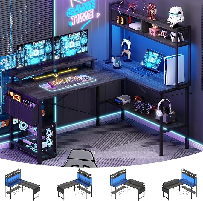 Aheaplus L Shaped Gaming Desk with Power Outlets &amp LED Lights Small L- Shaped Desk Computer Corner Desk with Monitor Stand &amp Storage Shelf Home Office Desk Writing Desk with Storage Bag Gre