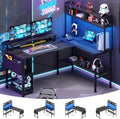 Aheaplus L Shaped Gaming Desk with Power Outlets &amp LED Lights Small L- Shaped Desk Computer Corner Desk with Monitor Stand &amp Storage Shelf Home Office Desk Writing Desk with Storage Bag Gre