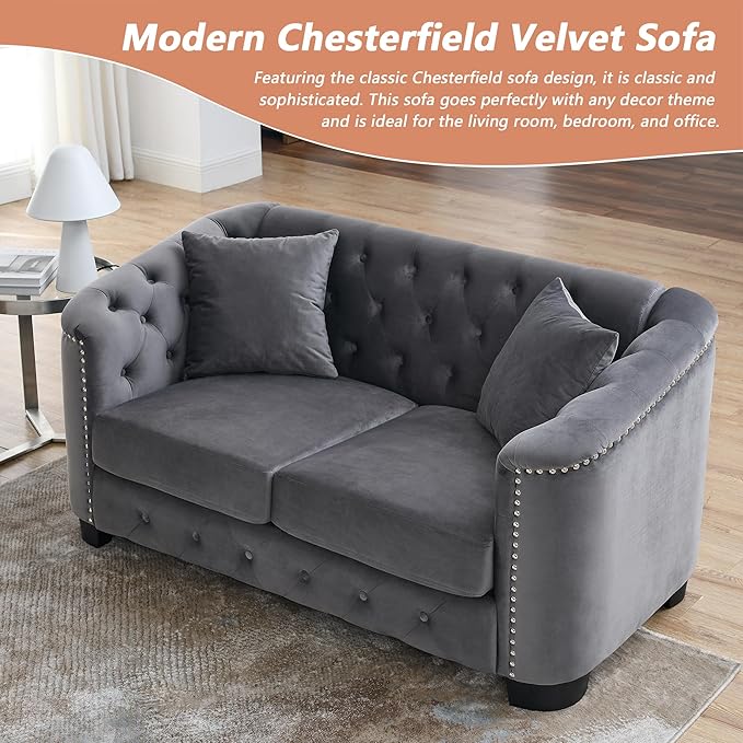 mikibama Luxury 2 Piece Chesterfield Velvet Sofa Set for Living Room Modern Decor Furniture Sectional Sofa 3 Seater &amp Loveseat Upholstered Tufted Couch for Apartment Office Hall(Grey)