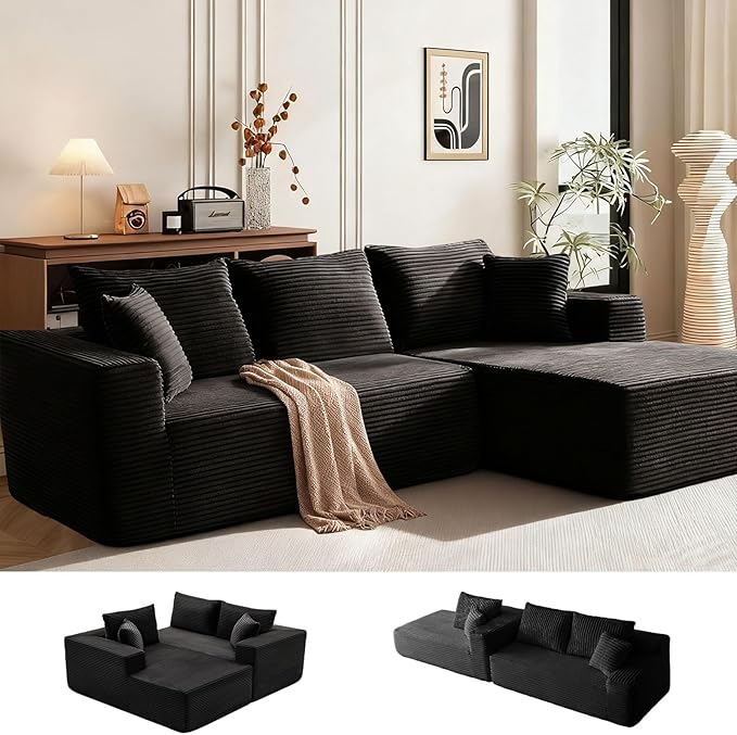 108 Boneless Couch L-Right Shape Sofa Couch with Chaise High-Resilience Memory Foam Corduroy Cloud Sectional Couches for Living Room Offices &amp Leisure Areas No Assembly Required Black