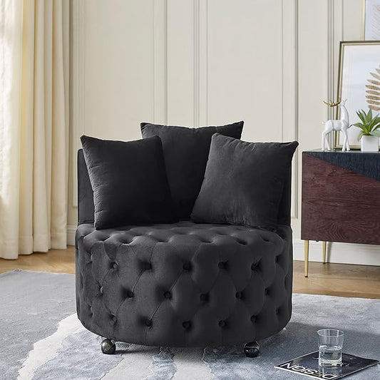 Velvet Upholstered Swivel Chair Velvet Swivel Chair for Living Room Button Tufted Velvet Upholstered Swivel Chair Design with Movable Wheels Includes 3 Decorative Pillows Black