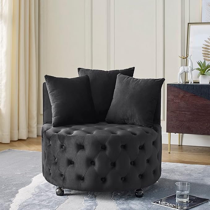 JOYBASE Swivel Barrel Chair With 3 Pillows - Round Accent Armchair Cozy Comfy Lounge Seat Modern Circle Club Sofa for Living Room Bedroom (Black Velvet)