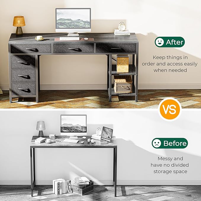 Huuger Computer Desk with 6 Drawers 47 Inch Office Desk with Shelves Reversible Gaming Desk Corner Desk with Storage Work for Home Office Study Living Room Gray