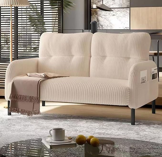 Beige Small Loveseat Sofa - 47 Mini Couch for Bedroom Comfy Corduroy Fabric 2-Seat Sofa Couch with Solid Wood Frame for Living Room Small Space Dorm Easy Assembly (Beige) | Sturdy and Durable