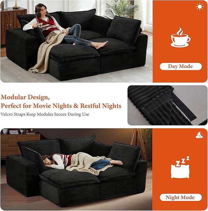 110 Sectional Couches for Living Room Boneless Couch Upholstered Cloud Couch Sectional Modular Sectional Sofa with L Shaped (Corduroy-Black 3 Seat+1 Ottoman)