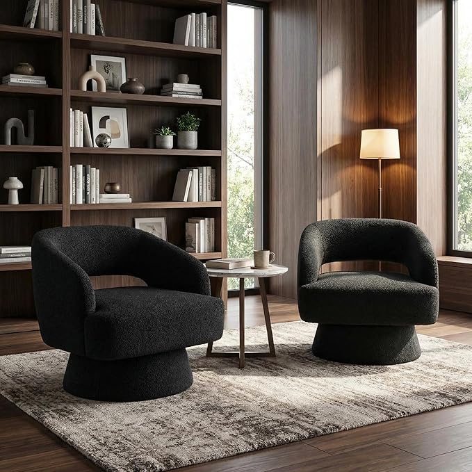 Swivel Barrel Chair - Velvet Upholstered Modern Armchair with Striped Backrest &amp Plush Padding Round Lounge Chair for Living Room Bedroom (Black-Openwork-(2 Pcs))