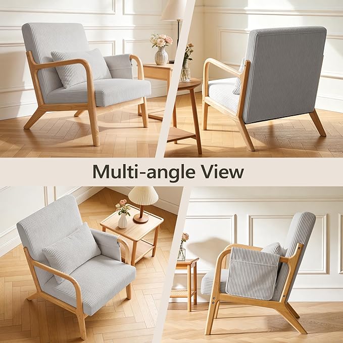 Mid-Century Modern Accent Chairs Upholstered Fabric Lounge Arm Chair with Storage Pocket Lumbar Cushion &amp Solid Wood Frame for Living Room Bedroom Balcony (Light Gray)