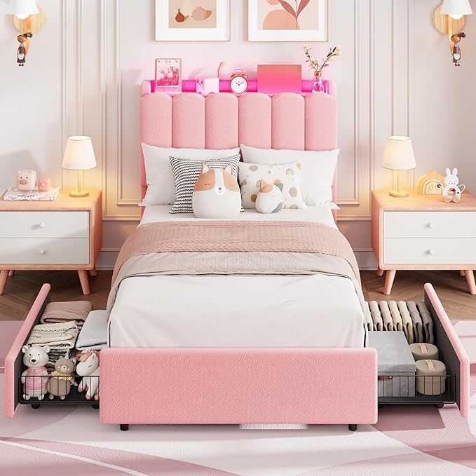Garvee LED Twin XL Bed Frame with Storage Headboard Kids Bed Frame with 2 Drawers Boucle Upholstered Platform Bed for Girls Chic Wavy Headboard with Bookcase No Box Spring Needed Pink