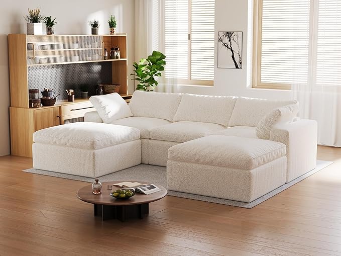 109’’ Cloud Couch for Living Room Boneless Modular Sectional Sofa U-Shape with Ottoman Washable Cushion Cover No Assembly Required White (3-Seat + 2 Ottoman)