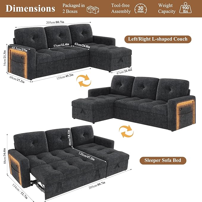HIFIT 81 LED Sectional Sleeper Sofa with Pull Out Couch Bed Convertible L Shaped Couch with Storage &amp USB &amp Adjustable Backrest &amp 2 Pillows Chenille Sectional Couch for Living Room Bedr