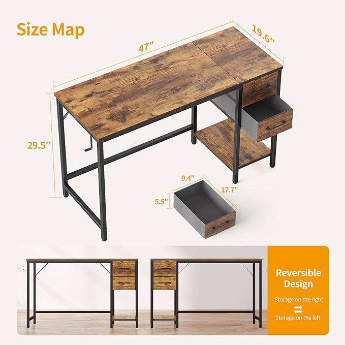 Cubiker Computer Home Office Desk with Drawers 47 Inch Small Desk Study Writing Table Modern Simple PC Desk Vintage Brown