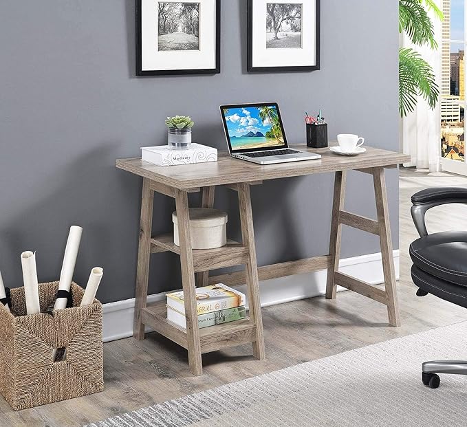Convenience Concepts Designs2Go Trestle Desk 47 - Modern Desk or Vanity with Shelves for Office Dorm Living Room Sandstone