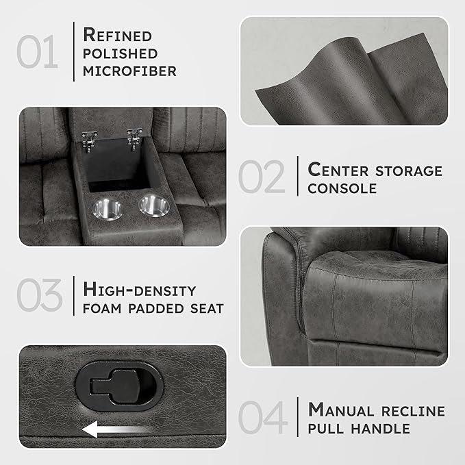 Lexicon 74 W Manual Double Reclining Loveseat with Center Console Polished Microfiber Recliner Loveseat Pillow Top Arms for Living Room Easy Assembly Brownish Gray